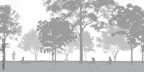 Silhouetted trees and figures against a bright hazy sky