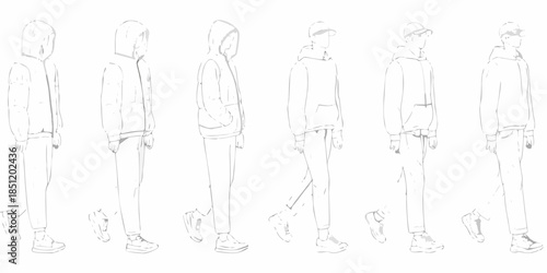 Fashion sketches of hooded figures in various poses and clothing styles