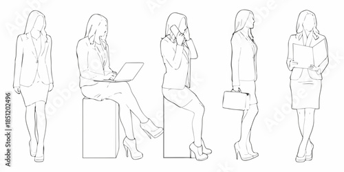 Line art illustration of five women in business attire performing various actions