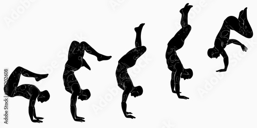 Silhouette series depicting a person performing a handstand and somersault