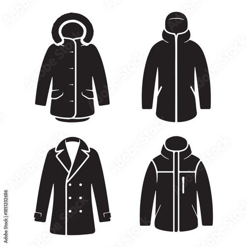 Casual winter jacket modern cold weather outerwear silhouette vector icon