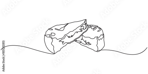 Сheese in continuous line art drawing style. Wheel of cheese with holes and a piece cut from it. Minimalist black linear sketch isolated on white background. Vector illustration, Swiss hard cheese 