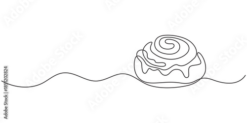 Cinnabon bun one line art. Continuous line drawing of cake, butter roll, Cinnamon roll isolated on white background continuous line drawing, Swedish continuous one line drawing.