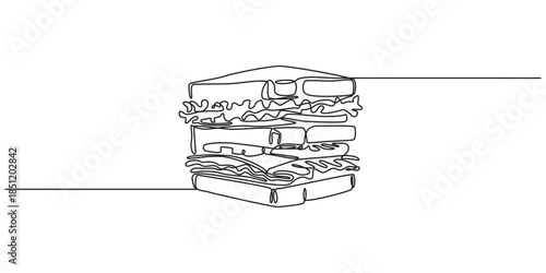 One continuous line drawing of fresh delicious American sandwich restaurant logo badge, Sandwich Hand Drawn Icon, Doodle Style Vector Illustration, Sandwich Vector Line Icon - Simple Thin Line Icon