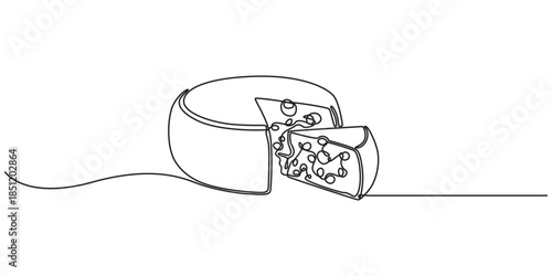Сheese in continuous line art drawing style. Wheel of cheese with holes and a piece cut from it. Minimalist black linear sketch isolated on white background. Vector illustration, Swiss hard cheese 