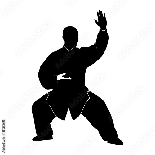 Silhouette of person practicing martial arts stance.