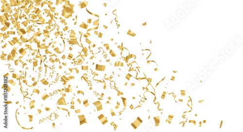 Festive vector illustration featuring falling golden confetti and curly streamers on a white background for celebratory party events birthdays and holiday backgrounds.