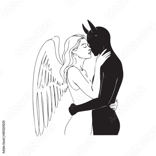 Minimalist One Line Drawing of Angel and Devil Couple Embracing Concept of Forbidden Love and Duality
