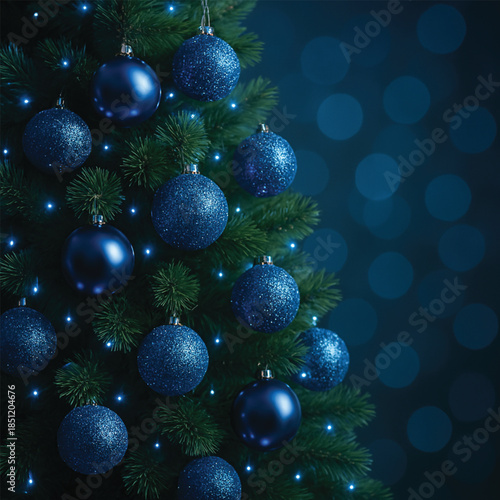 Luxury Christmas tree with blue glass ornaments, sparkling glitter, realistic fir needles, elegant blue bokeh lights, 3D rendering, vector illustration