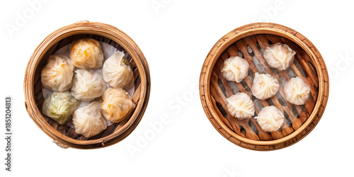 Top View of Variety of Delicious Dim Sum Dumplings in Bamboo Steamers Isolated on Transparent Background