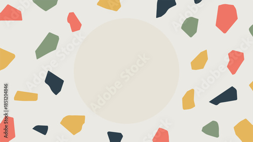 terrazzo pattern background with colorful geometric fragments and central copy space, abstract design