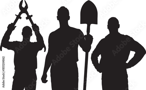 Three male workers holding various tools in hand