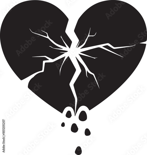 Black broken heart symbol with cracks and dripping pieces