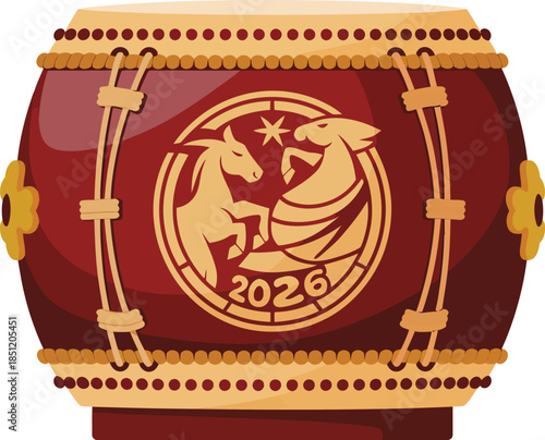traditional chinese drum with year 2026 and chinese zodiac horse symbol isolated on transparent background festive celebration