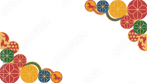 traditional geometric ornaments with horses and flowers on transparent background, decorative border