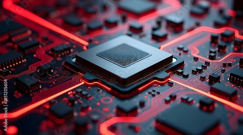 Advanced microchip processor glowing on red circuit board futuristic computing technology concept for data processing artificial intelligence hardware innovation