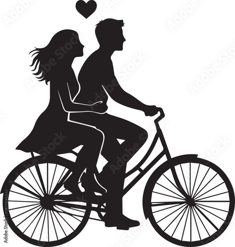 Silhouette of a couple riding a bicycle together with a heart above