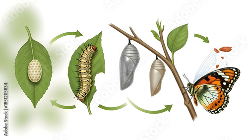Scientific illustration of the intricate butterfly life cycle, demonstrating the remarkable transformation from egg and caterpillar to chrysalis and finally an adult winged insect