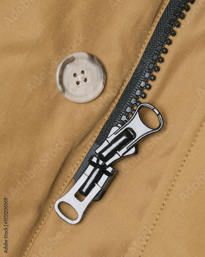 Mustard Parka Zipper with Double Slider and Button Close-Up