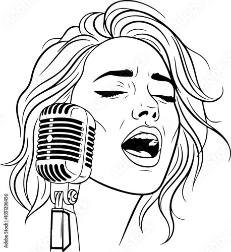 Female Singer Playing Guitar with Microphone Silhouette Vector Art