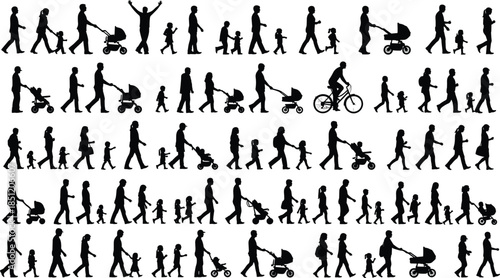 Silhouette family walking, children, adults, strollers, bicycles, holding hands, black figures, parenting, outdoor activity, daily life, urban movement