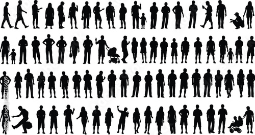Silhouette people activity, walking, standing, waving, holding hands, strollers, children, adults, black figures, interaction, motion, social behavior, pose