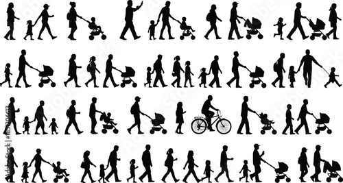 Silhouette family walking, children, adults, strollers, caregivers, black figures, parenting, outdoor activity, companionship, bicycle, holding hands, urban life