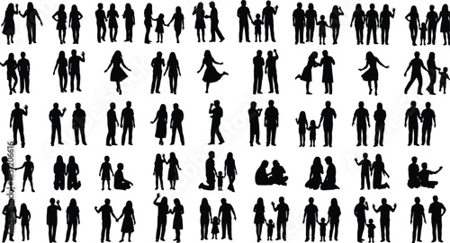 vvSilhouette people interaction, family groups, children, adults, black figures, holding hands, dancing, sitting, standing, social behavior, everyday moments
