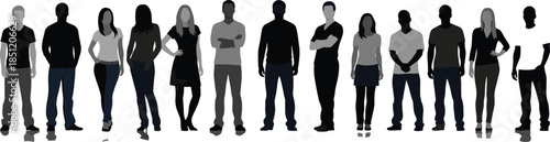 Silhouette people lineup, standing figures, diverse postures, grayscale, black tones, human comparison, identity, fashion, diversity, front view, group pose