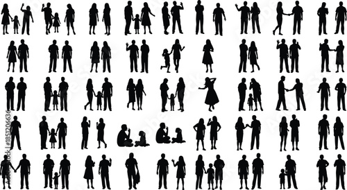 Silhouette people interaction, family groups, children, adults, black figures, holding hands, waving, standing, sitting, conversation, social behavior, poses