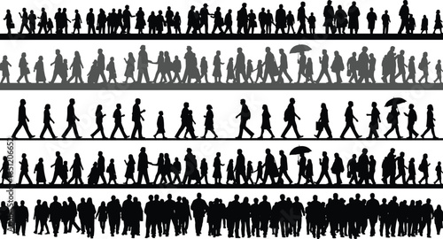 Silhouette people walking, crowd movement, urban lifestyle, diverse characters, black shadow figures, side profile, children, adults, umbrellas, bags, walking direction