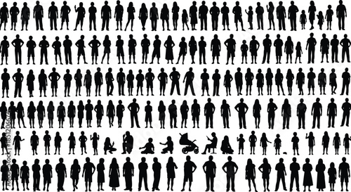 Silhouette people walking, crowd movement, urban lifestyle, diverse characters, black shadow figures, side profile, children, adults, umbrellas, bags, walking direction