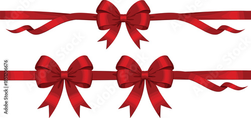 Elegant red vector set featuring horizontal satin ribbons and decorative bows with curly tails for festive holiday gifts wedding invitations and celebrations.
