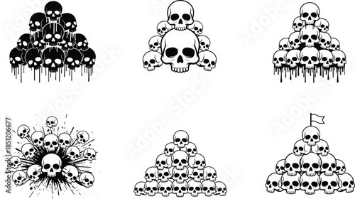 Skull pyramid silhouette, horror icon set, dark art, death symbol, gothic design, creepy illustration, skull stack, macabre theme