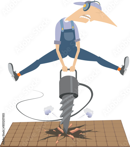 Cartoon construction worker operates jackhammer