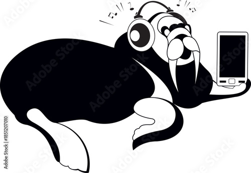 Cartoon walrus in headphones. Music on smart phone