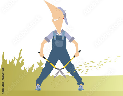 Worker trimming grass and shrubbery. Garden work. 