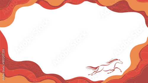 orange and red wavy border with horse silhouette and decorative patterns transparent center for copy space asian style festive background