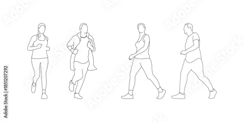 Set of man and women outlines isolated on light background. Sitting, walking, running.