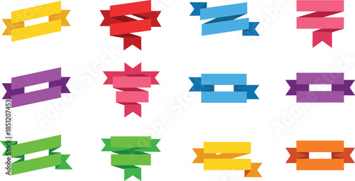 Flat vector illustration set of colorful ribbon banners and labels in various shapes and folds for creative graphic design and web elements.
