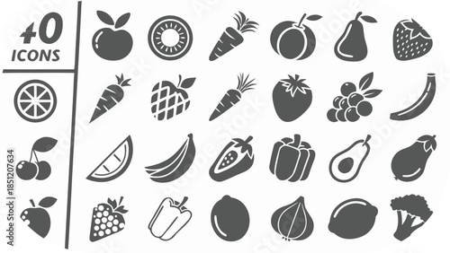 Collection of 40 flat design icons representing various fruits and vegetables in grey tones Keywords: fruit