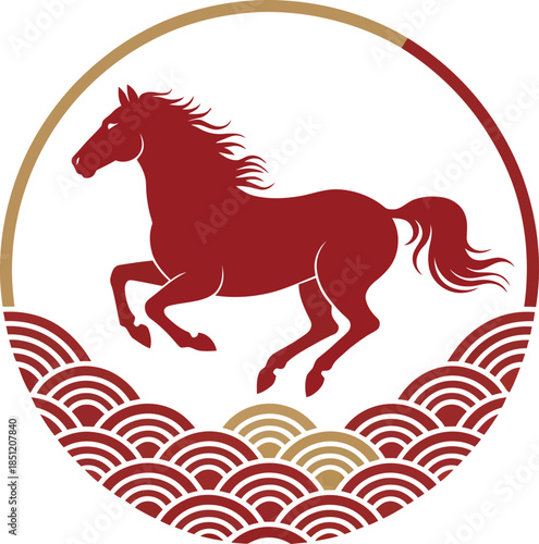 Red horse silhouette inside circle with wave pattern border for traditional asian new year graphic design