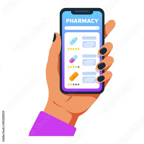 Vector illustration of a hand holding smartphone with online pharmacy app interface, showing medicines, ratings and search bar, concept of digital healthcare, mobile medicine delivery and e pharmacy s