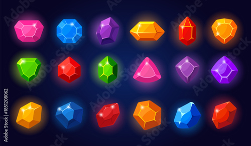 Set of glowing colorful cartoon gemstones with different shapes and cuts on dark background, bright fantasy crystals ideal for game assets, mobile UI, rewards, icons and magical interfaces