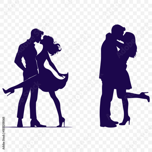 Romantic silhouettes of passionate couples kissing and dancing
