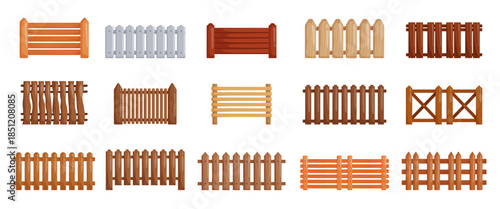 Adobe IllustratVector set of wooden fences with different designs, colors and plank styles, isolated on white background, suitable for games, maps, farm graphics, UI elements and landscape dor Artwork