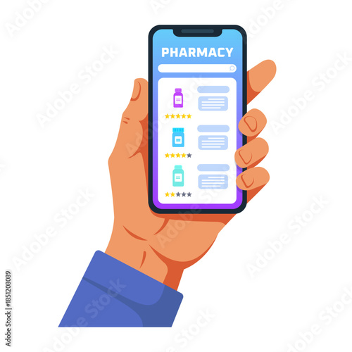 Cartoon vector illustration of a hand holding smartphone with online pharmacy app interface, showing medicine bottles, ratings and search bar, concept of digital healthcare, mobile pharmacy and medici