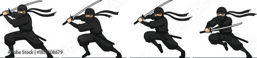 Ninja sword attack sequence, dynamic motion, martial arts pose, black outfit, katana swing, action animation, flat vector illustration