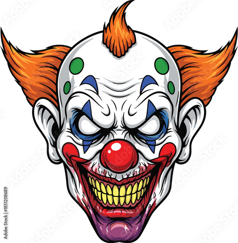 Sinister cartoon clown face with sharp teeth, glowing eyes, red nose, horror theme, creepy smile, flat vector illustration