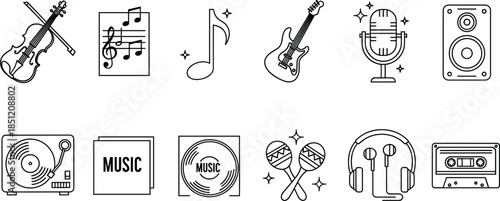 Music and audio icon set with guitar, violin, microphone, headphones and record player, cad drawing flat vector illustration for entertainment and studio